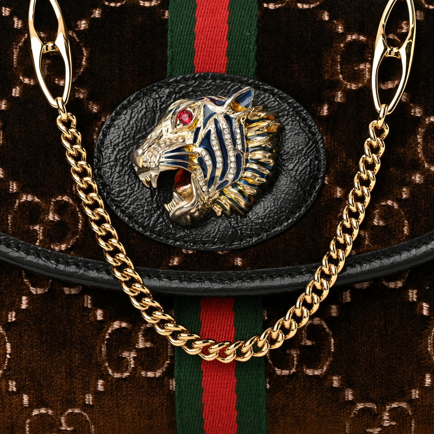 Gucci Velvet GG Monogram Web Small Rajah Slim Flap Shoulder Bag Brown Black 9 of 11
