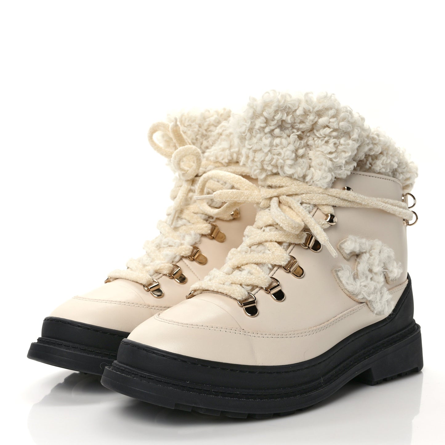 Calfskin Shearling CC Lace Up Boots 38 Light Beige Ivory