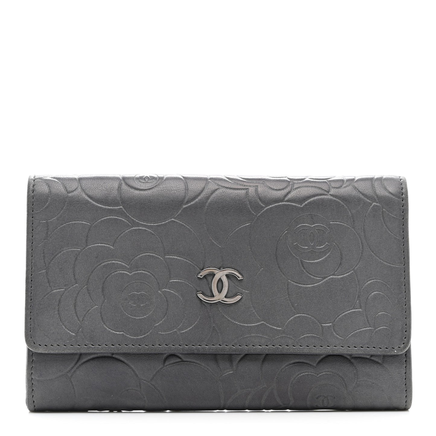Lambskin Camellia Embossed Medium Wallet Grey