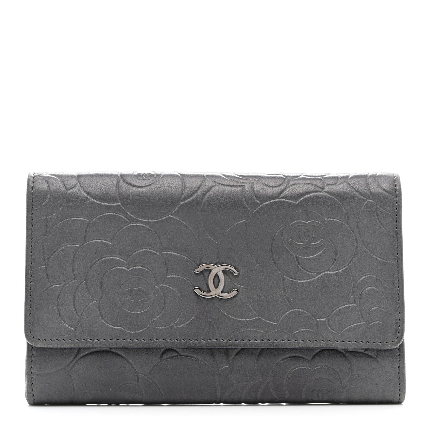 Chanel Lambskin Camellia Embossed Medium Wallet Grey 1 of 11