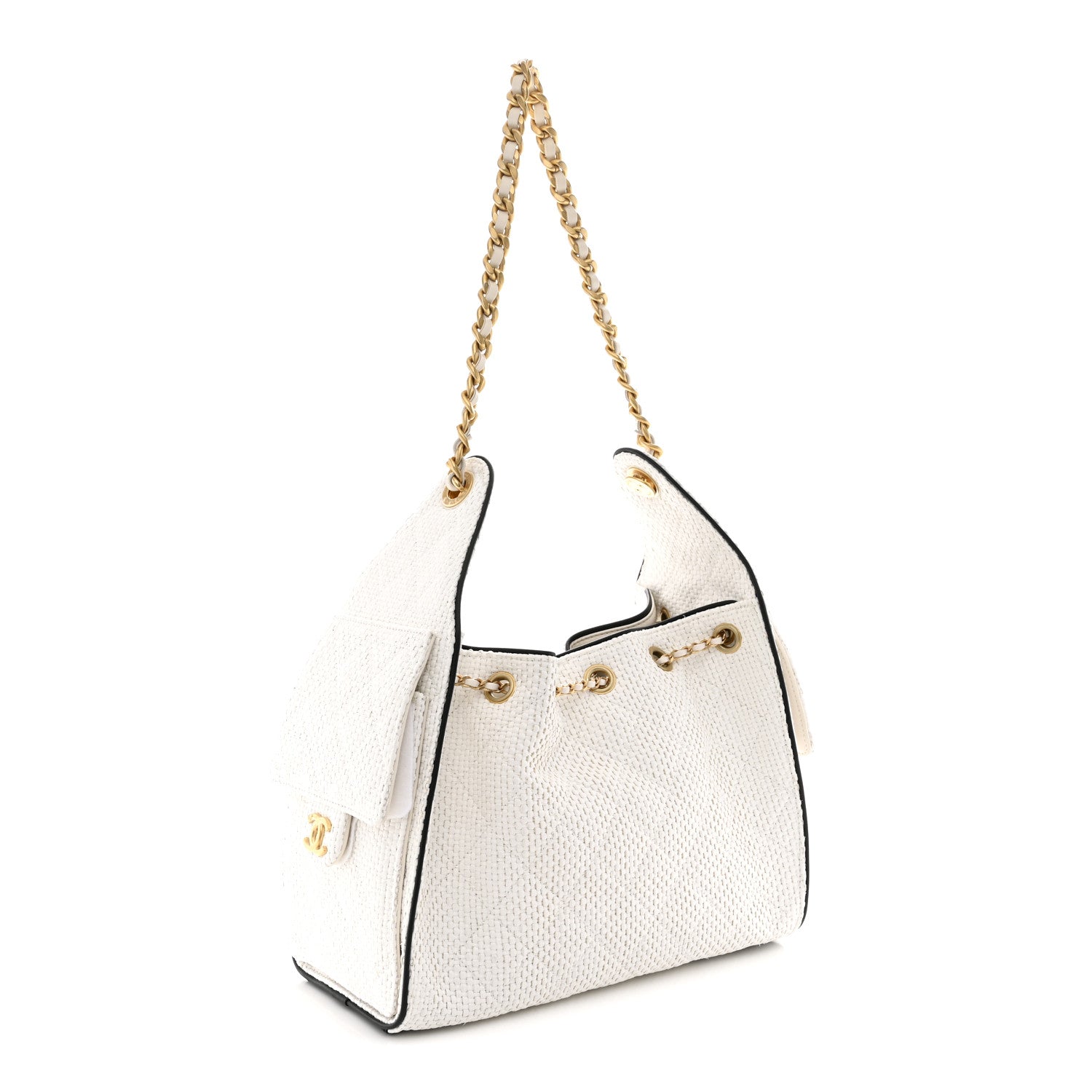 Chanel Braided Raffia Calfskin Quilted Small Chanel 25 Handbag White Black 3 of 10