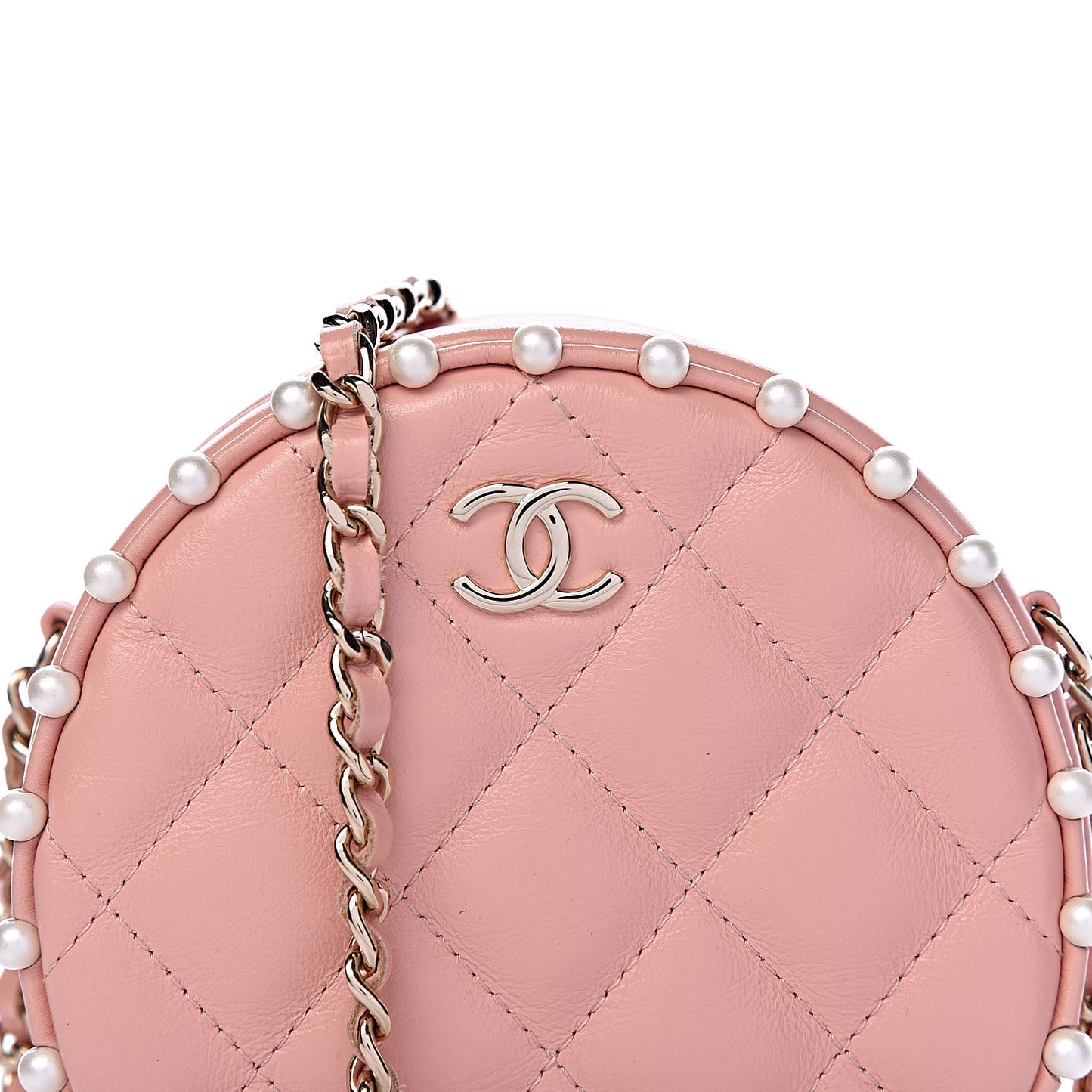 Calfskin Quilted Pearl Round Clutch With Chain Pink