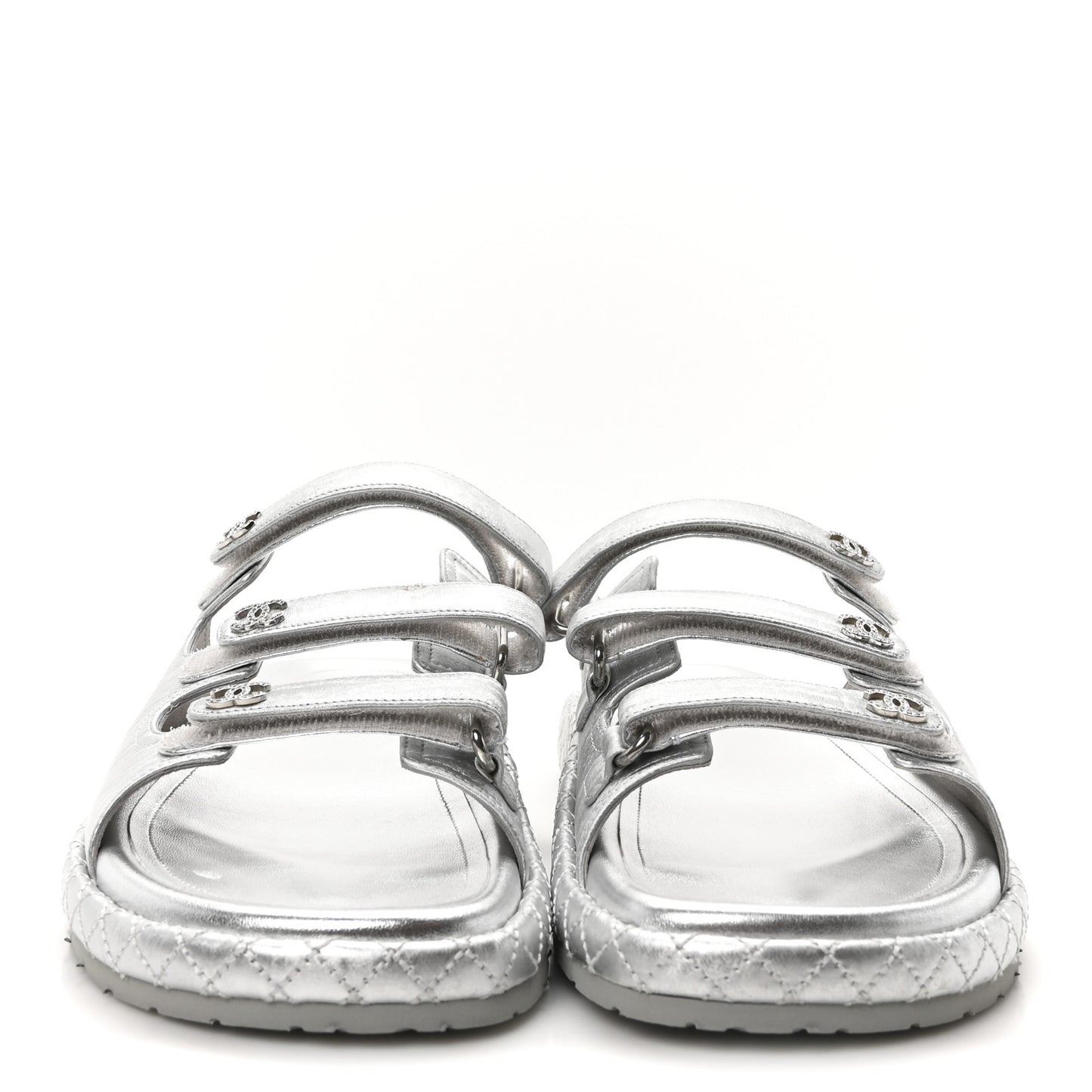 Laminated Lambskin Quilted Velcro Crystal CC Dad Slide Sandals 40 Silver