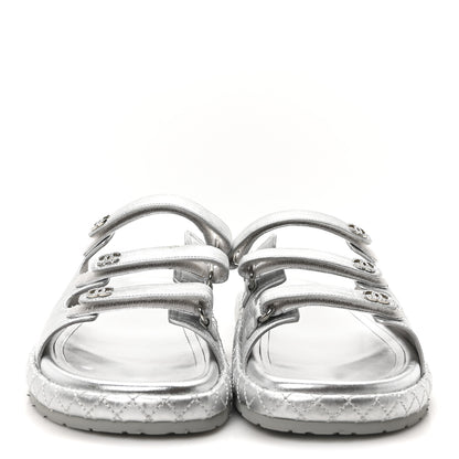 Chanel Laminated Lambskin Quilted Velcro Crystal CC Dad Slide Sandals 40 Silver 5 of 18