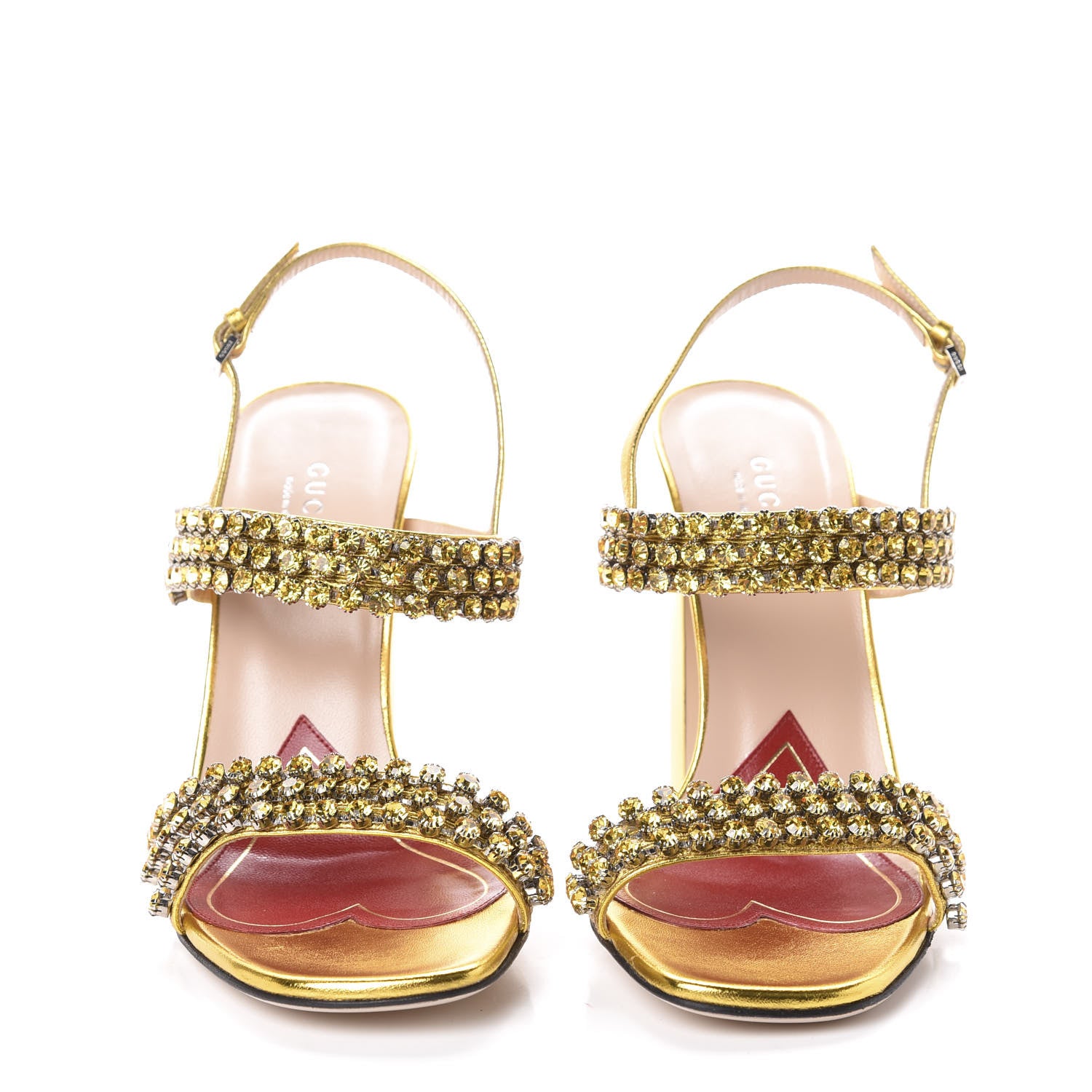 Gucci Nappa Silk Crystal Bertie High Heel Sandals 37.5 Gold 2 of 7