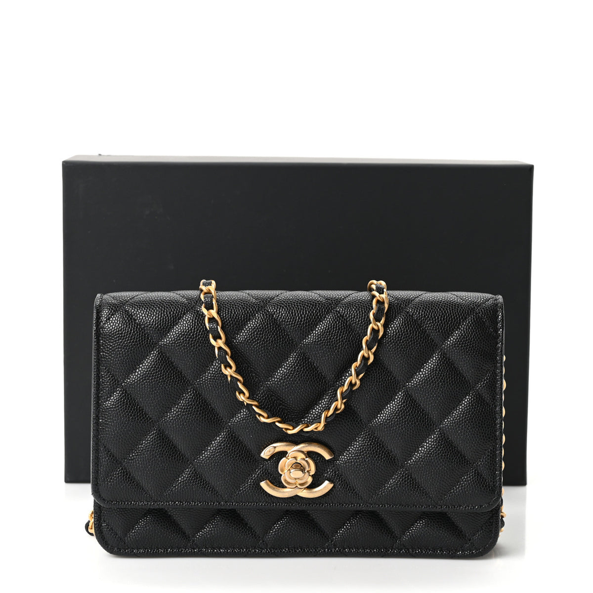 Caviar Quilted Camellia Wallet On Chain WOC Black