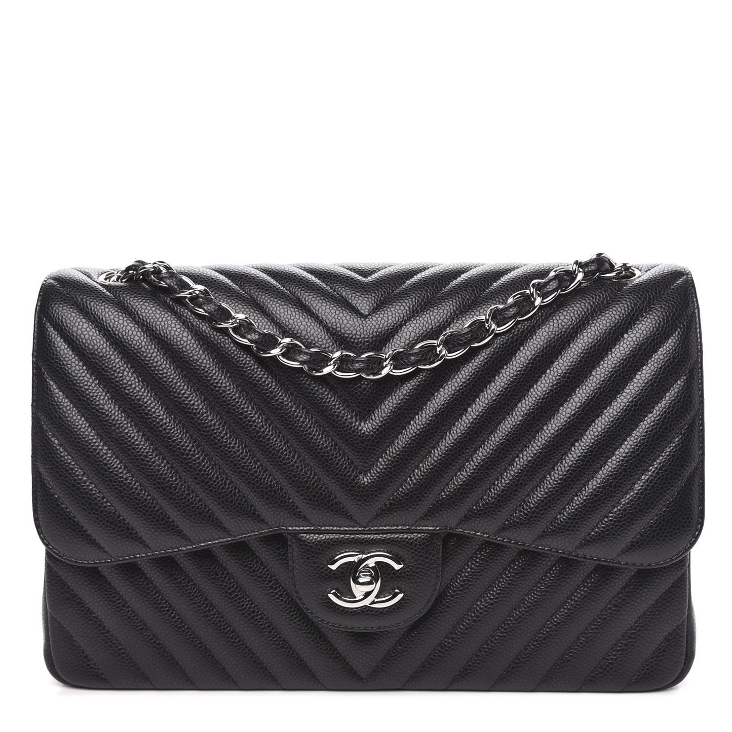 Caviar Chevron Quilted Jumbo Double Flap Black