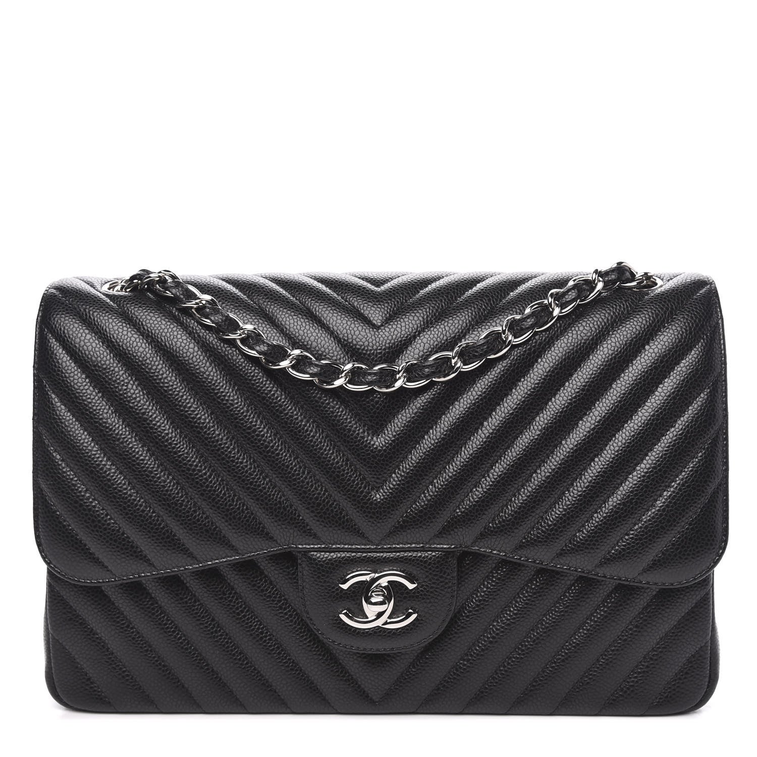 Chanel Caviar Chevron Quilted Jumbo Double Flap Black 1 of 11