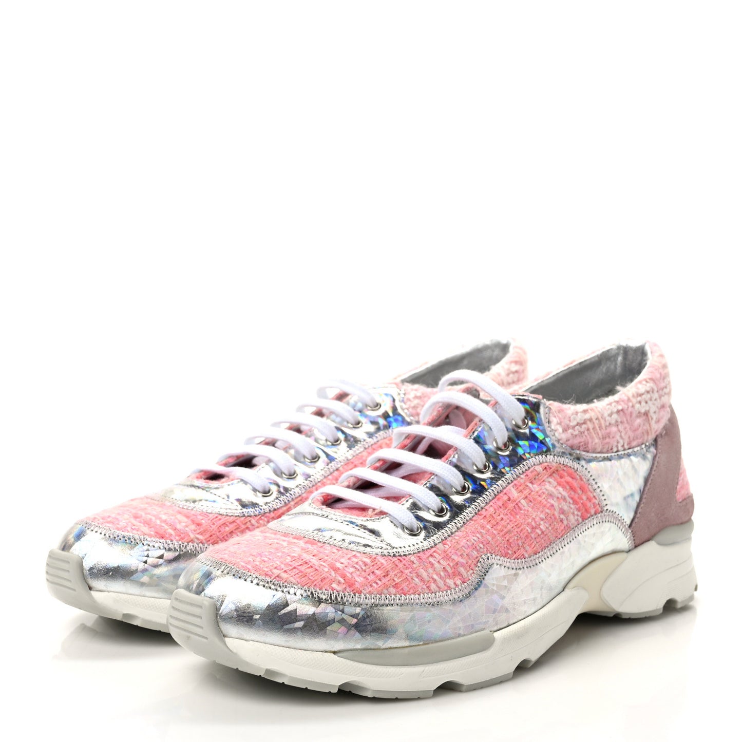 Tweed Suede Calfskin Sneakers 40 Silver Pink