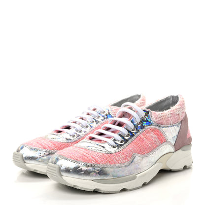 Chanel Tweed Suede Calfskin Sneakers 40 Silver Pink 3 of 8