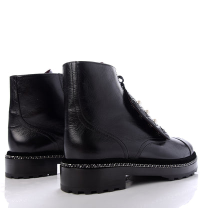 Chanel Crackled Calfskin Velvet Pearl Combat Short Boots 42 Black 4 of 10