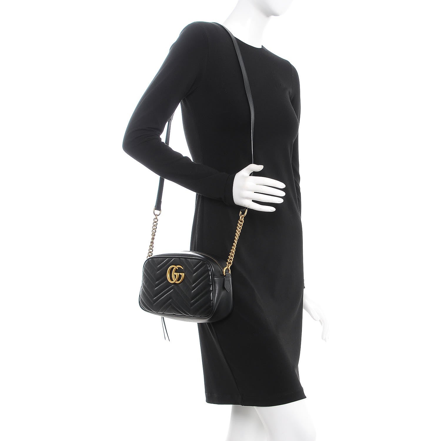 Gucci Calfskin Matelasse Small GG Marmont Chain Shoulder Bag Black 2 of 9