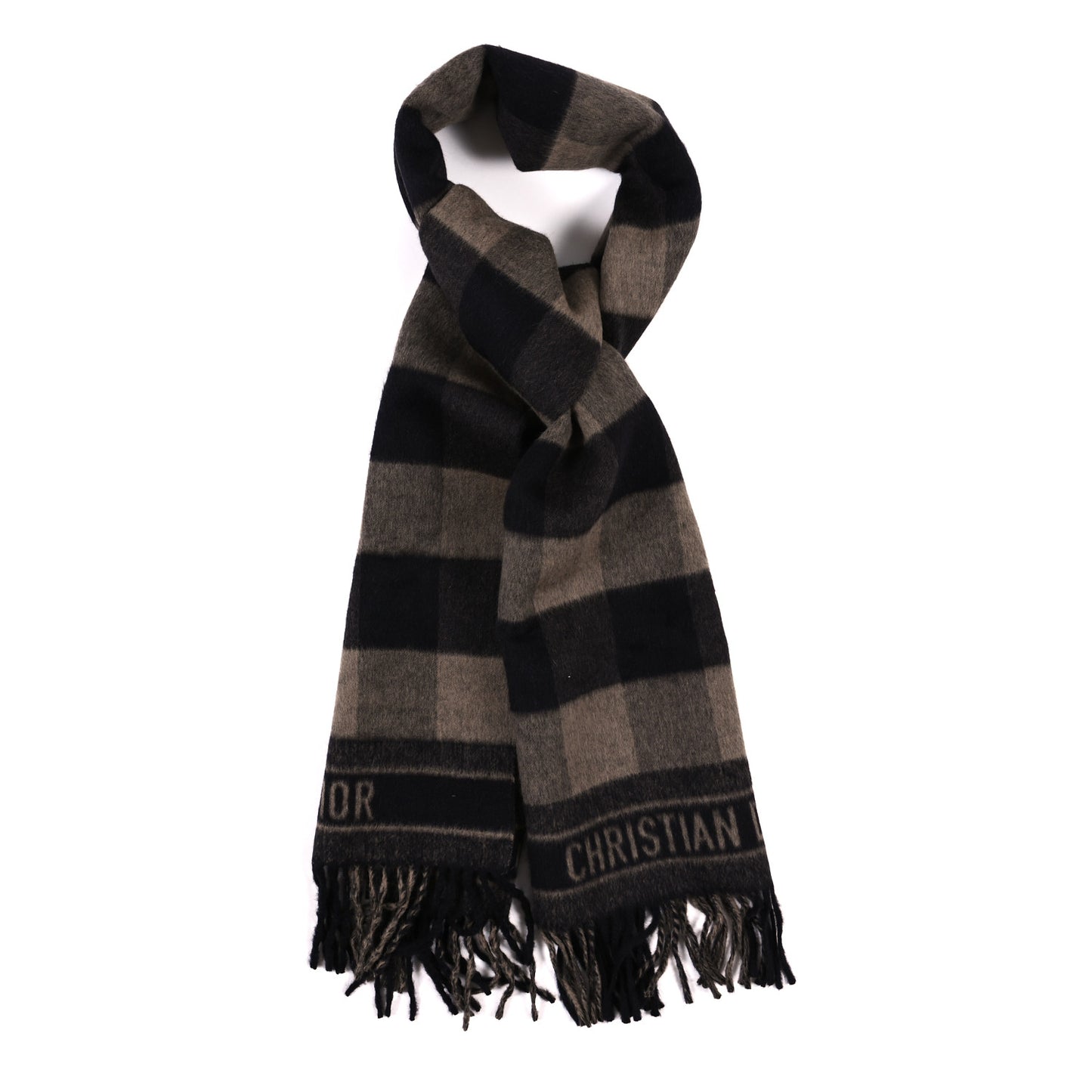 Wool Plaid Fringe Scarf Beige Navy