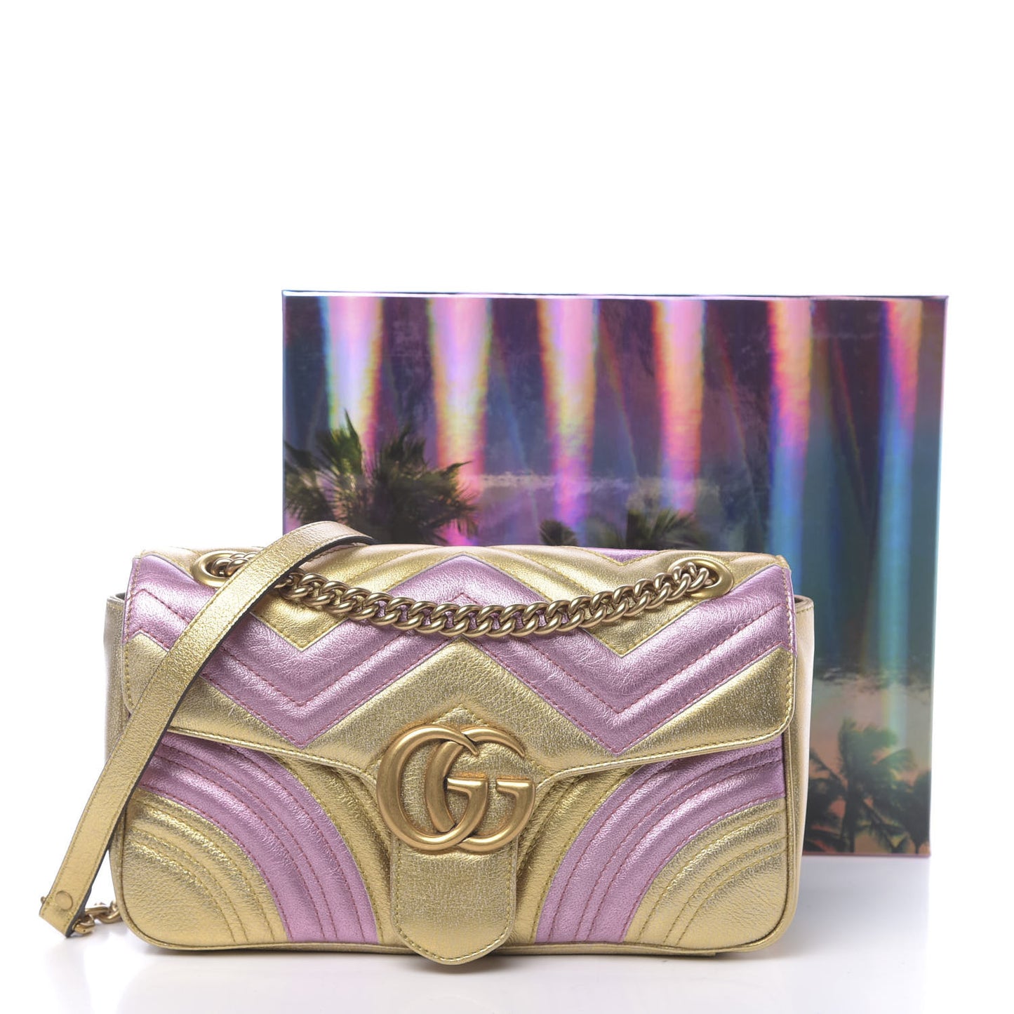 Metallic Calfskin Matelasse Small GG Marmont Shoulder Bag Gold Pink