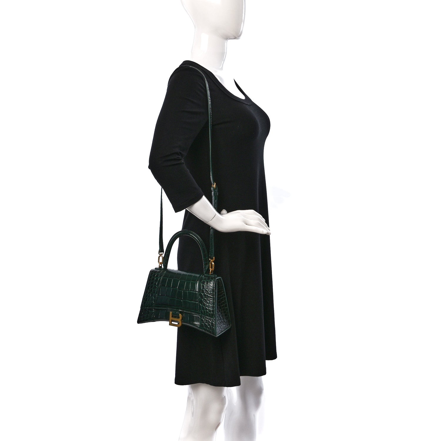 Balenciaga Shiny Calfskin Crocodile Embossed Small Hourglass Top Handle Bag Forest Green 2 of 9
