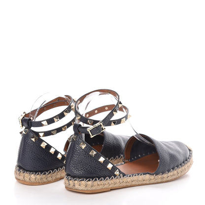 Valentino Garavani Grained Calfskin Rockstud Ankle Wrap Espadrille 20mm Flats 37 Black Light Cuir Natural 4 of 10