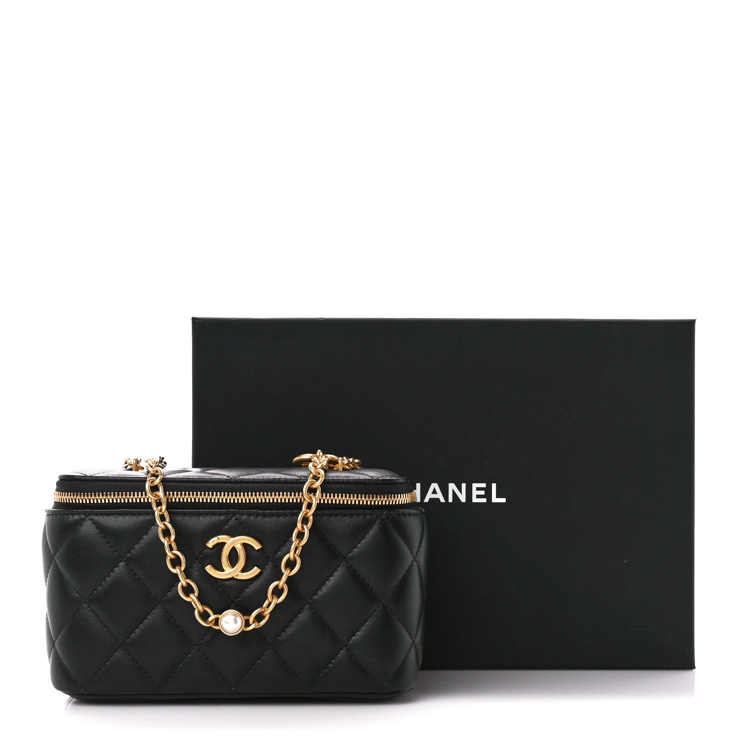 Chanel Lambskin Enamel Pearl Quilted Small Charm Me Vanity Case With Chain Black 12 of 12