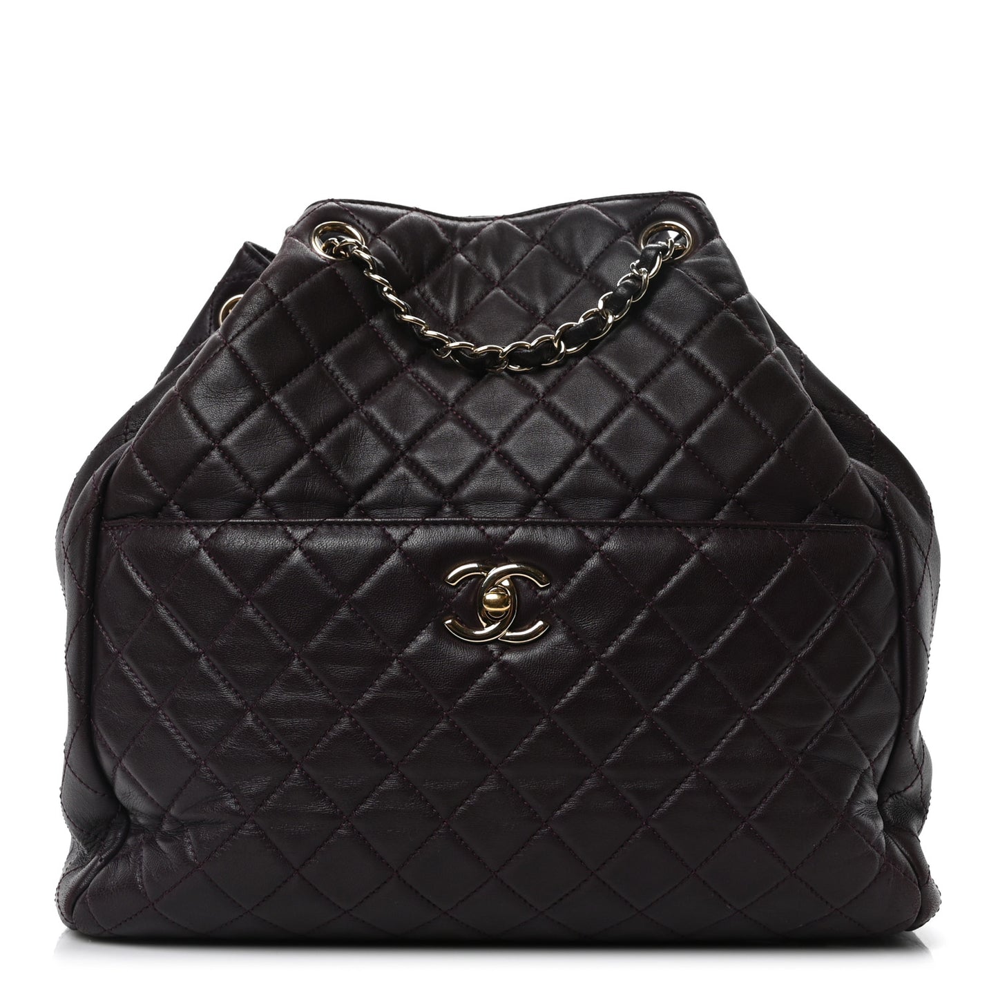 Lambskin Quilted Large Drawstring Shoulder Bag Dark Purple