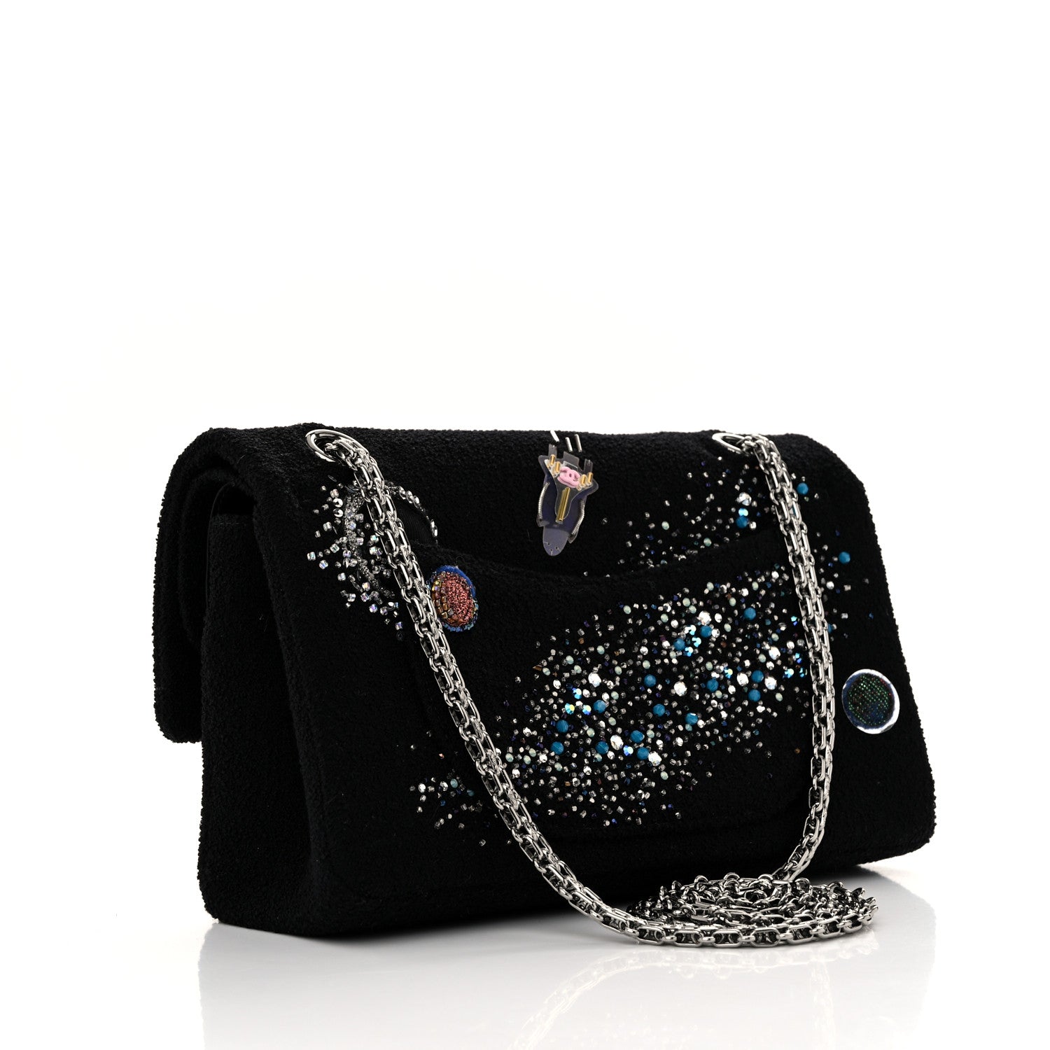 Chanel Boucle Tweed Crystal Bead Embellished Space Charms 2.55 Reissue 225 Flap Black Multicolor 3 of 10