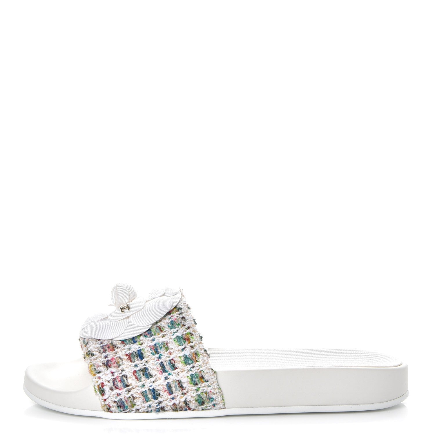 Chanel Tweed Grosgrain Camellia CC Flat Mules 38 Ecru Green Ivory 1 of 10