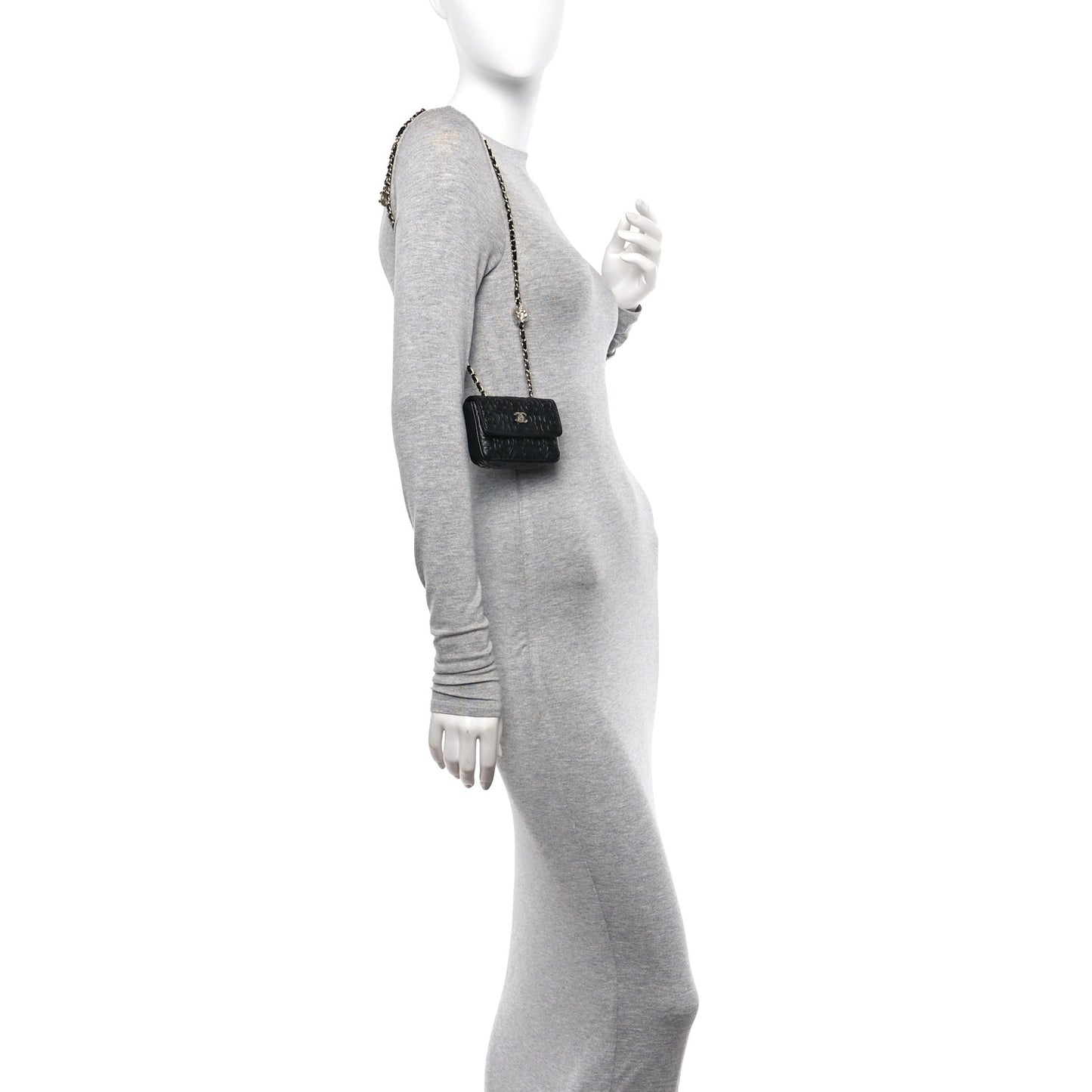 Lambskin Camellia Embossed Chain Belt Bag Black