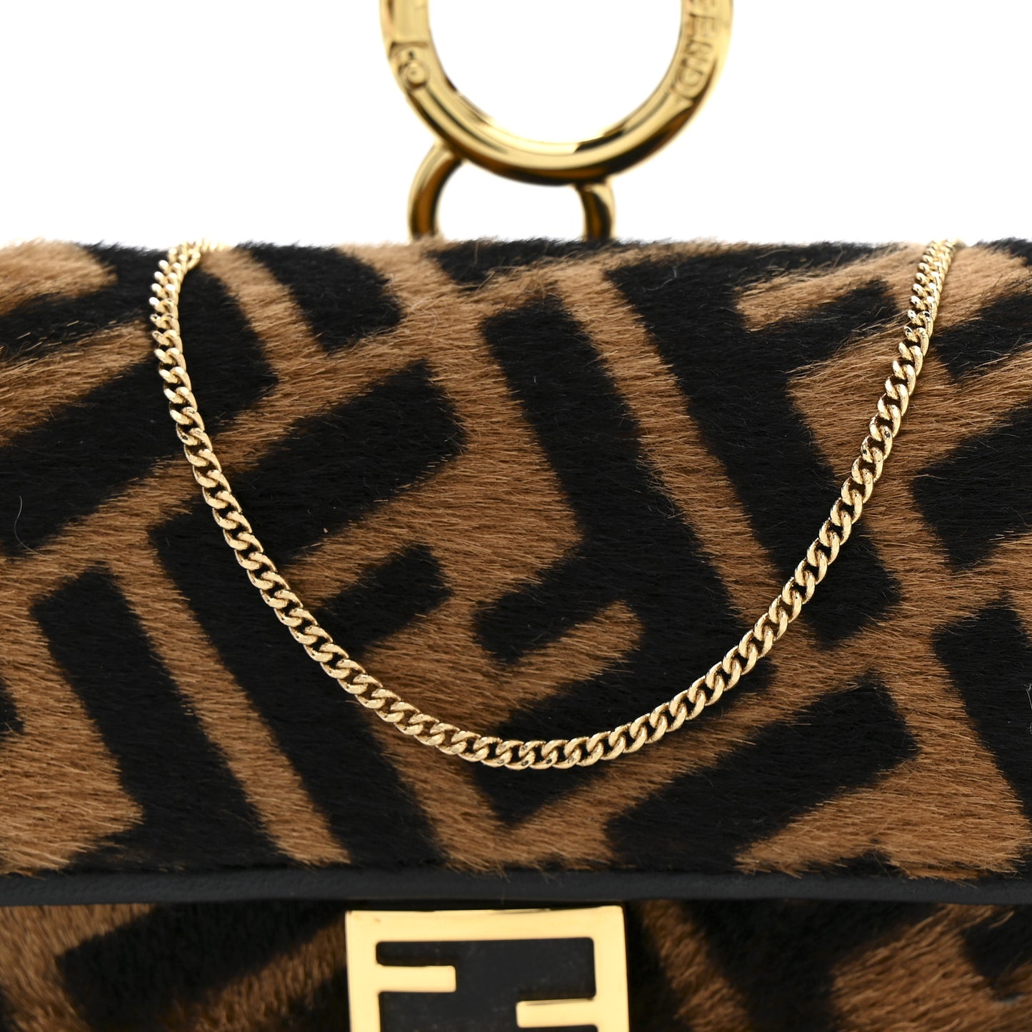 Sheared Sheepskin Vitello King FF Nano Baguette Charm Tobacco Moro Black