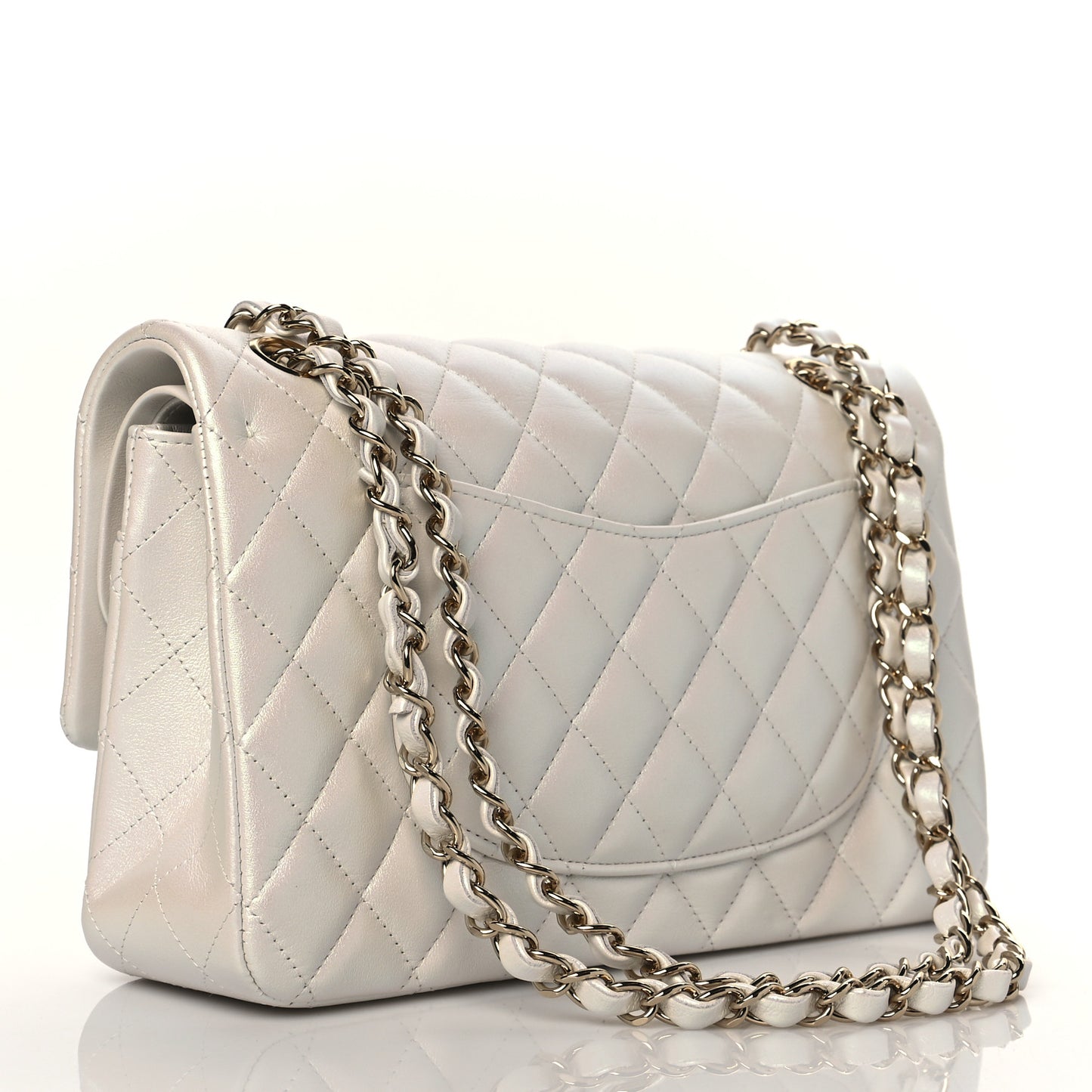 Iridescent Calfskin Quilted Medium Double Flap White