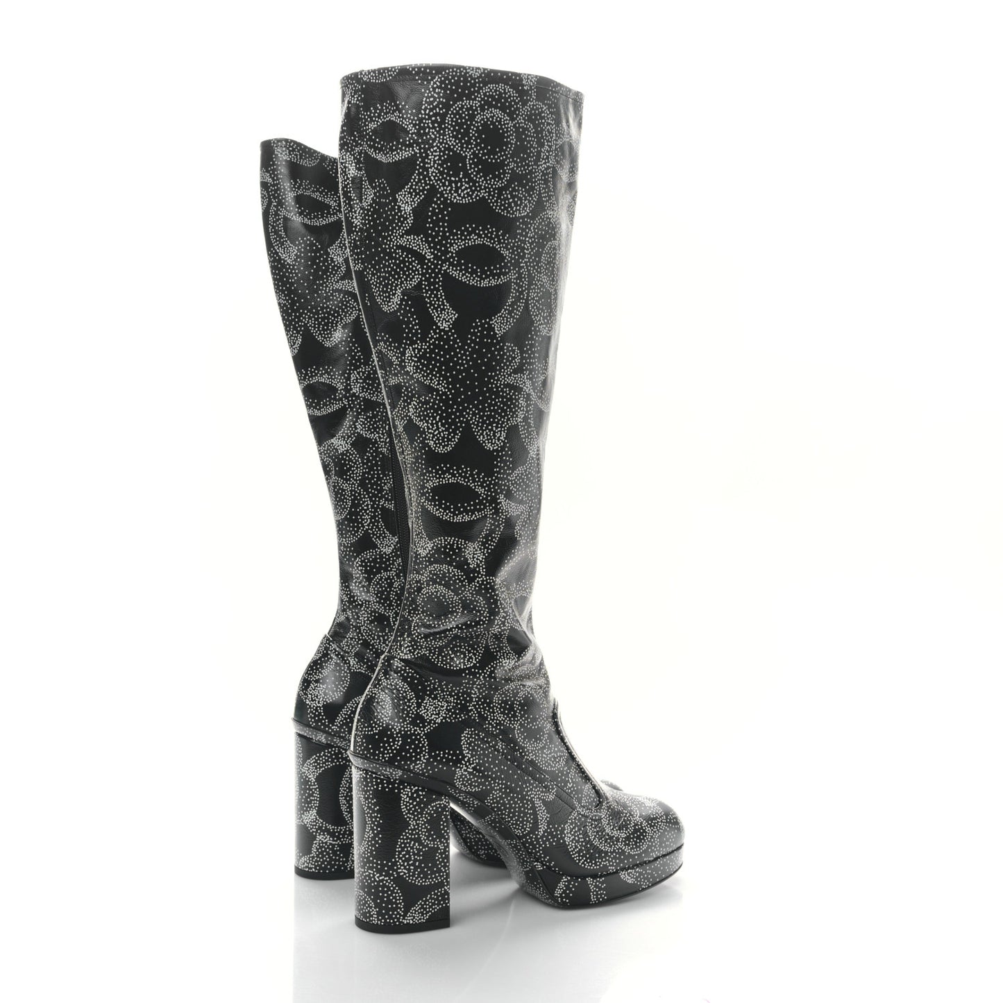 Calfskin Camellia Printed High Boots 40 Black White