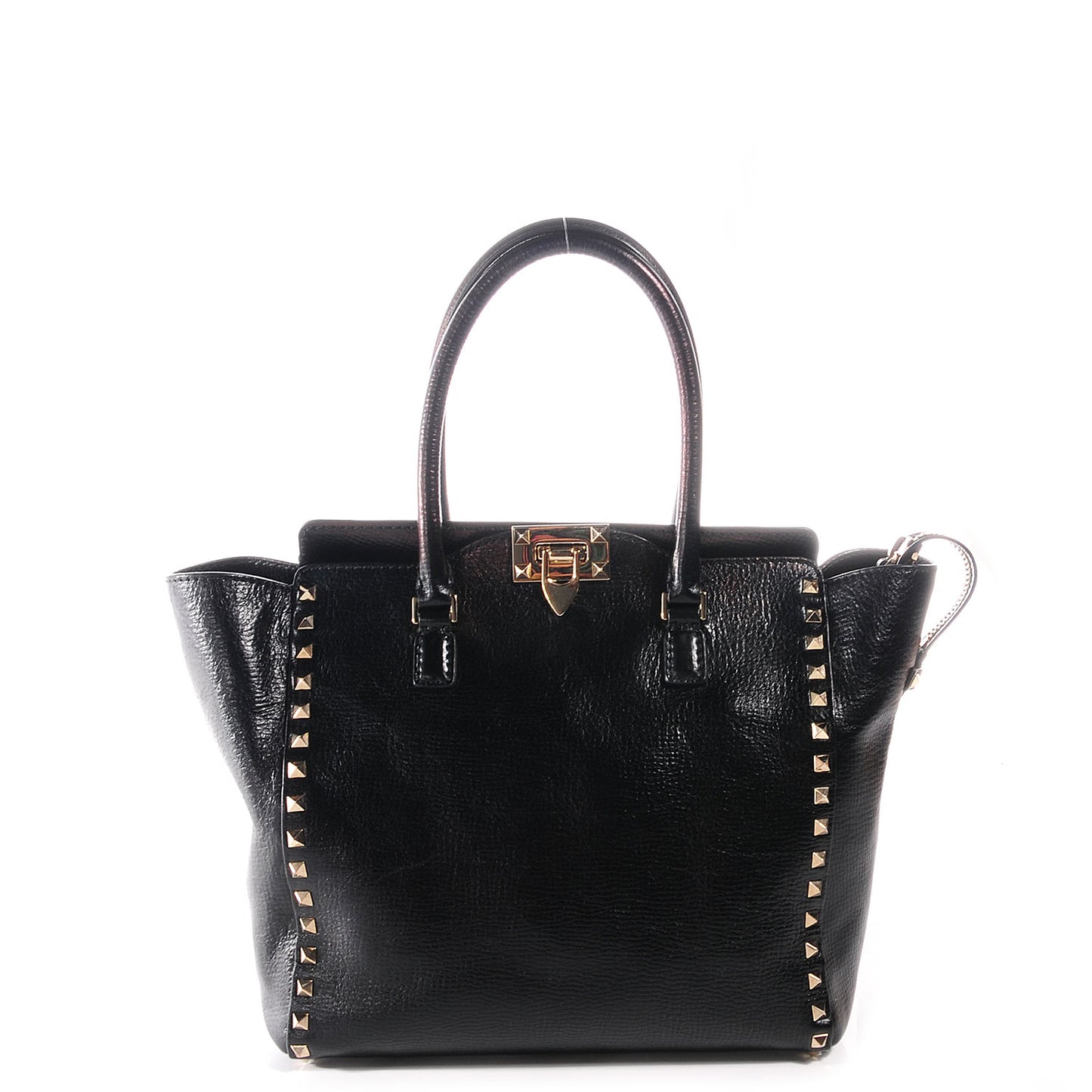 Textured Calfskin Rockstud Double Handle Tote Black