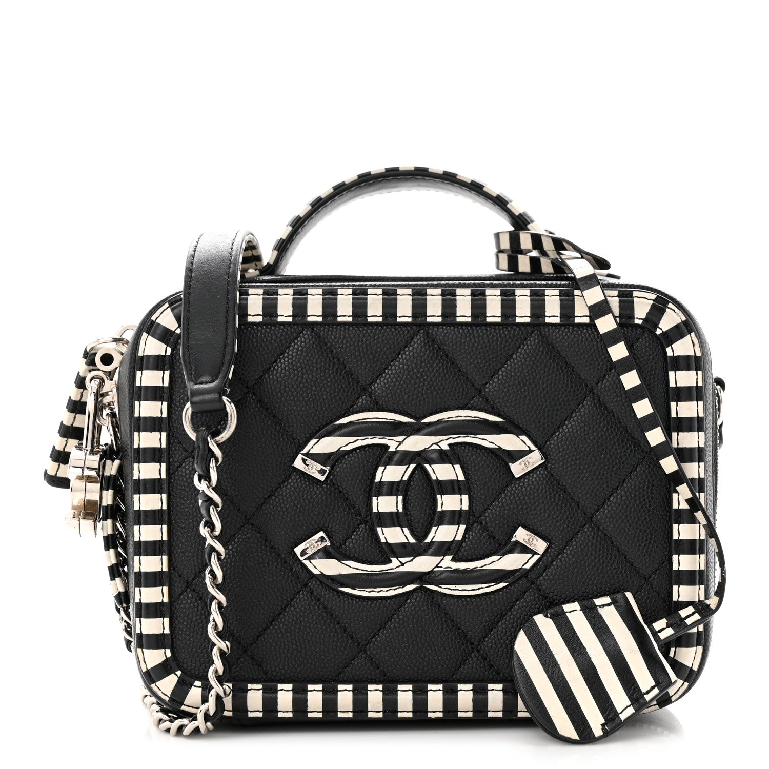 Chanel Caviar Quilted Striped Small CC Filigree Vanity Case Black White 1 of 10