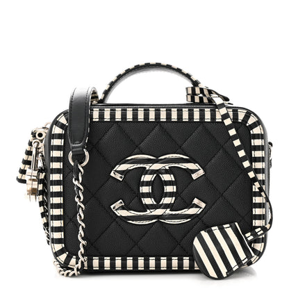Chanel Caviar Quilted Striped Small CC Filigree Vanity Case Black White 1 of 10