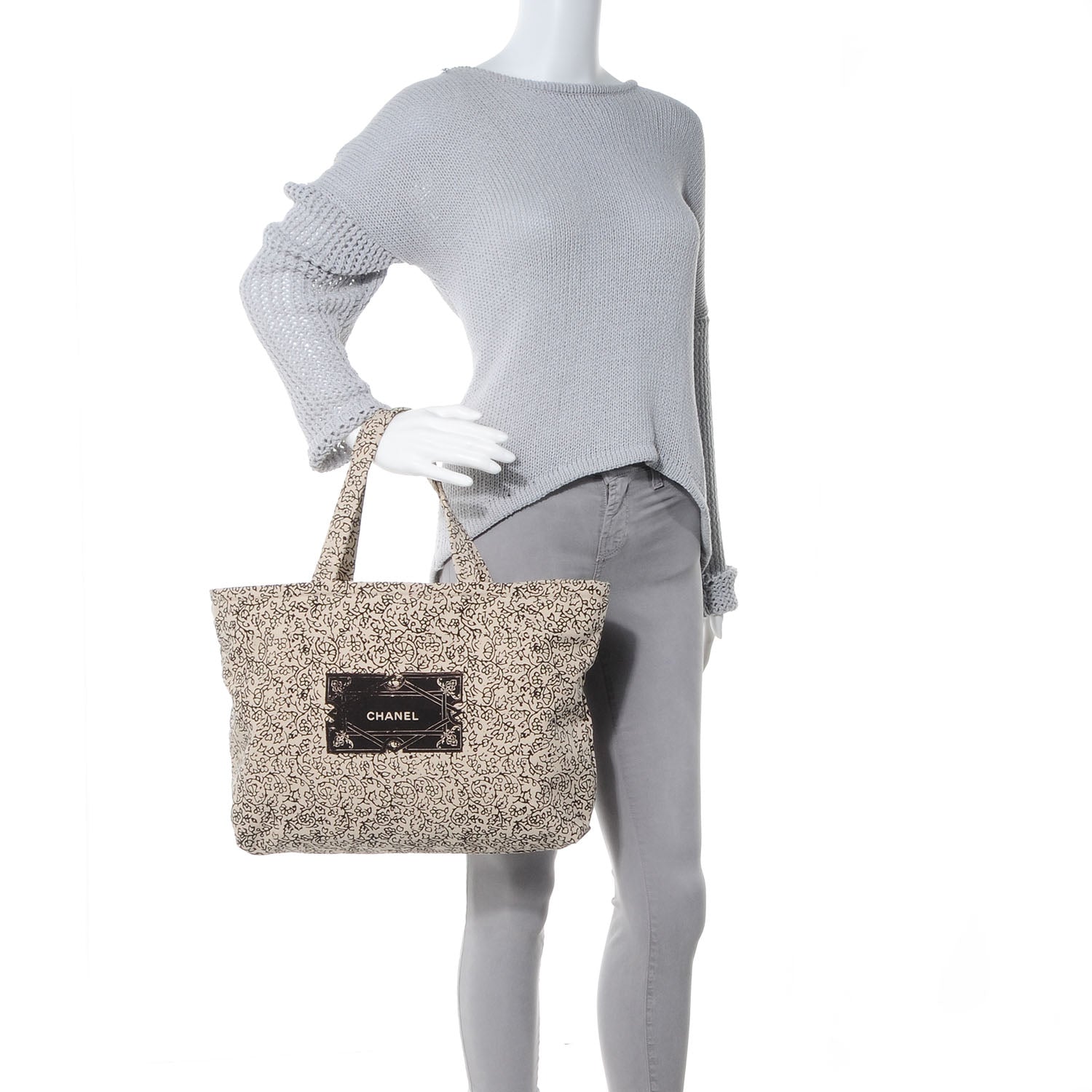 Chanel Canvas Printed Tote Bag Beige Black 2 of 8