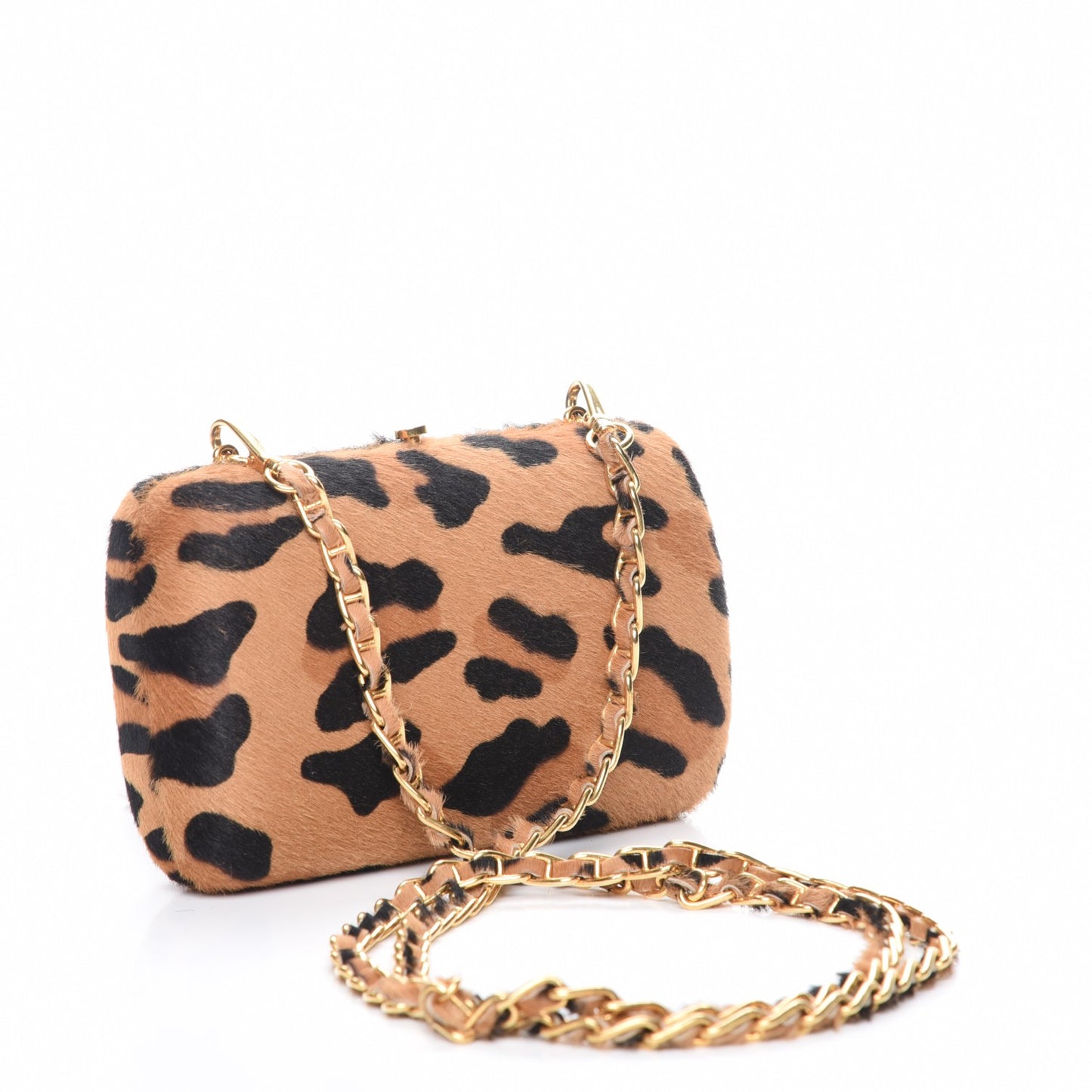 Calf Hair Leopard Print Chain Clutch Miele