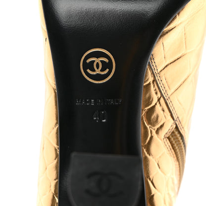 Chanel Calfskin Crocodile Embossed Cap Toe Ankle Boots 40 Gold 6 of 12