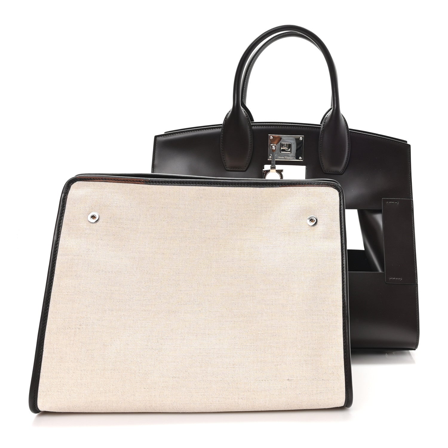 Salvatore Ferragamo Hickory Calfskin Canvas Cutout The Studio Box Bag Beige Brown 3 of 11