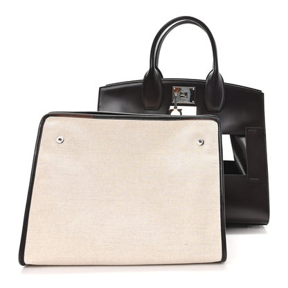 Salvatore Ferragamo Hickory Calfskin Canvas Cutout The Studio Box Bag Beige Brown 3 of 11