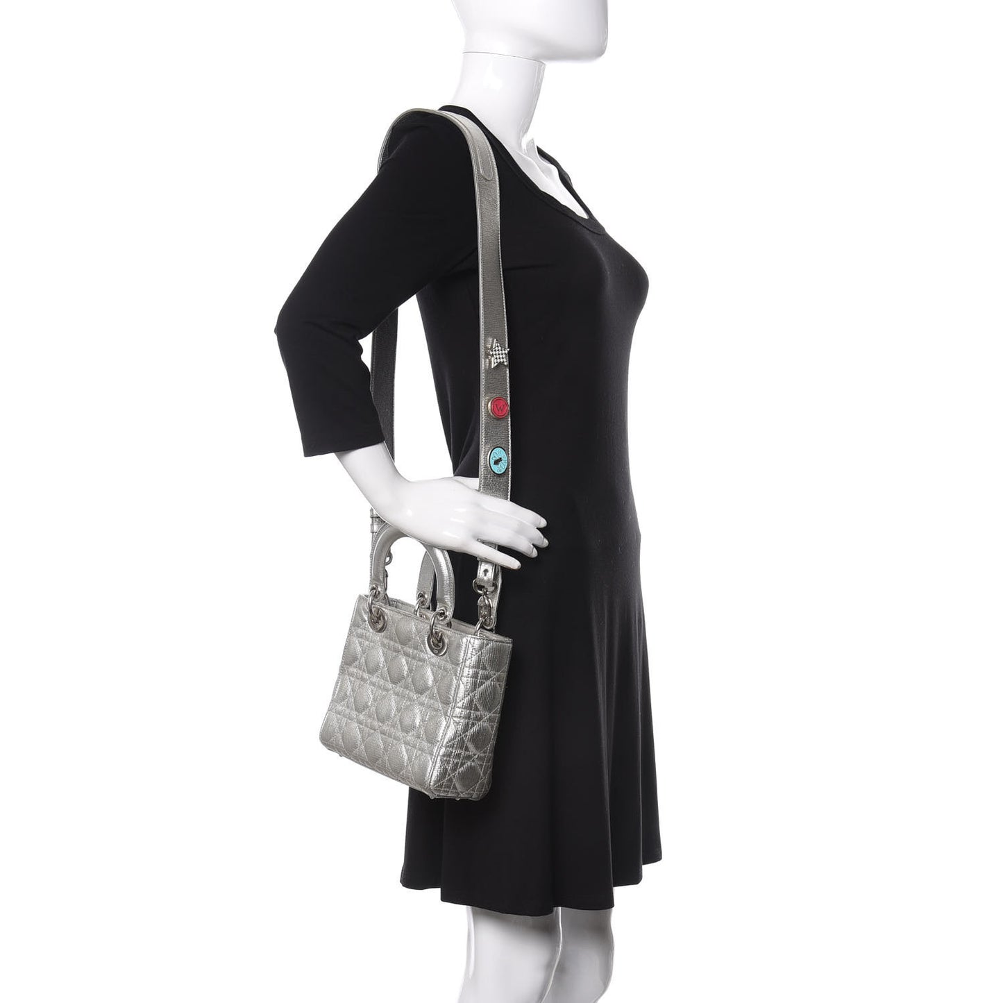 Metallic Grained Calfskin Cannage Small Lucky Badges My Lady Dior Silver