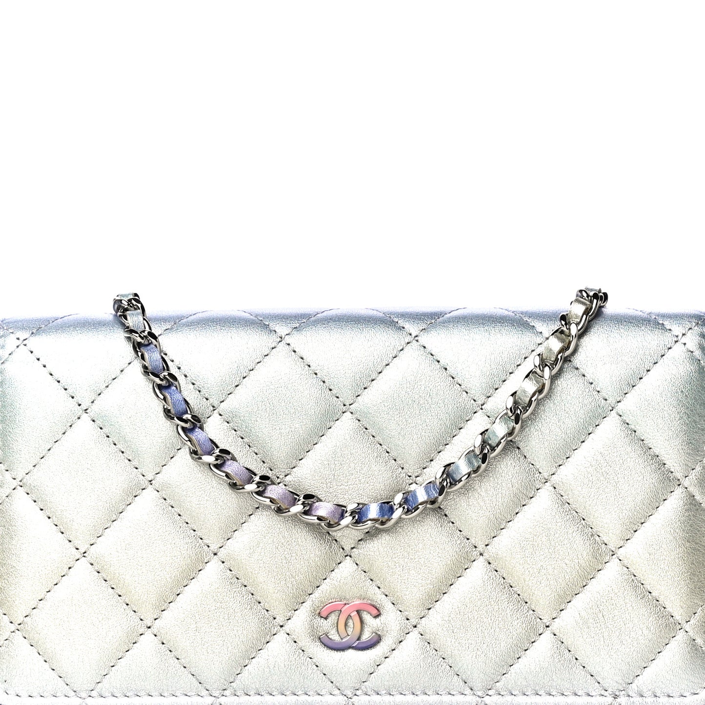 Gradient Metallic Calfskin Quilted Wallet On Chain WOC Silver Blue Yellow Purple