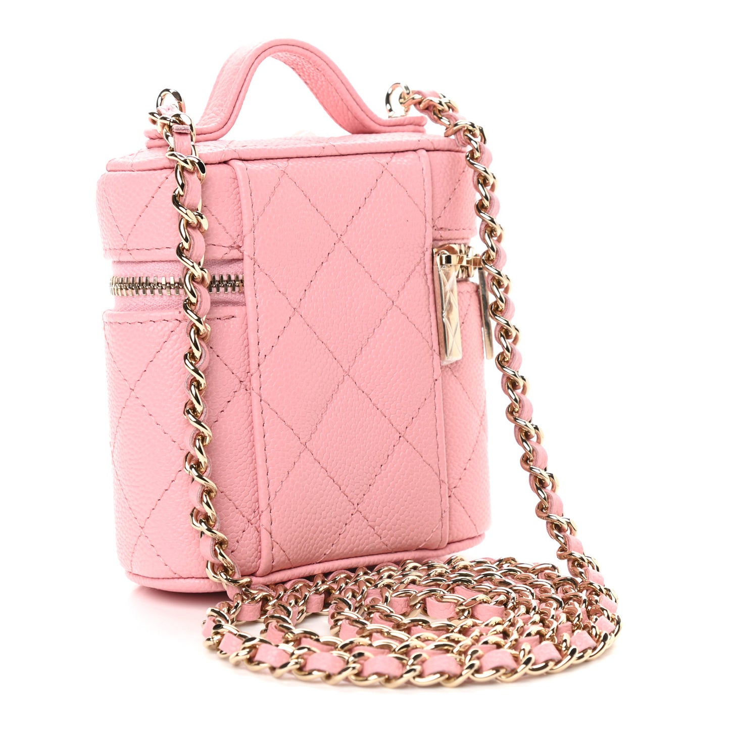 Caviar Quilted Small Handle With Care Vanity Case With Chain Pink