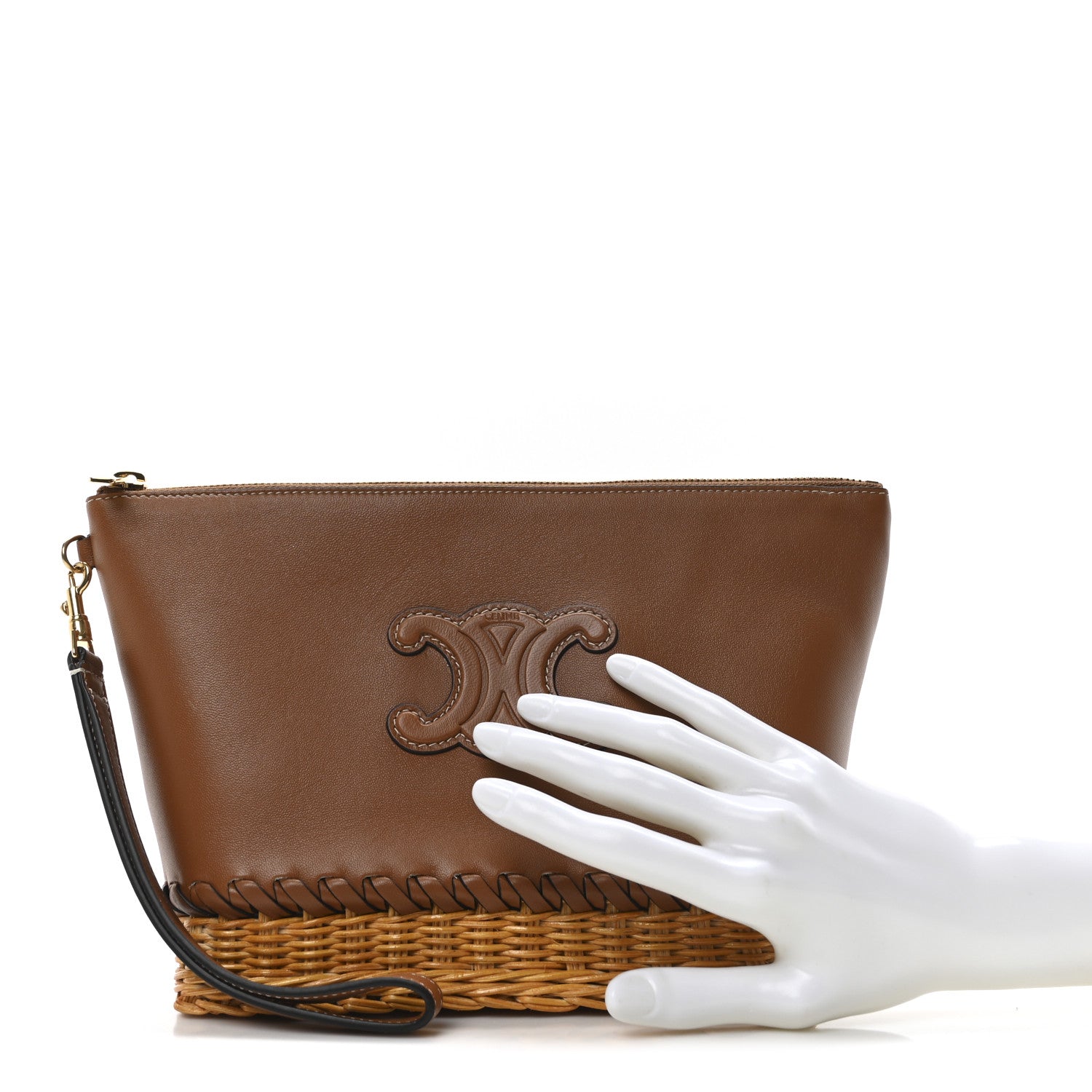 Celine Calfskin Wicker Triomphe Wristlet Pouch Tan Natural 2 of 9