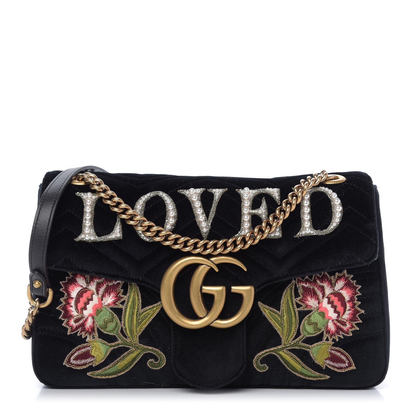 Velvet Matelasse Loved Embroidered Medium GG Marmont Shoulder Bag Black