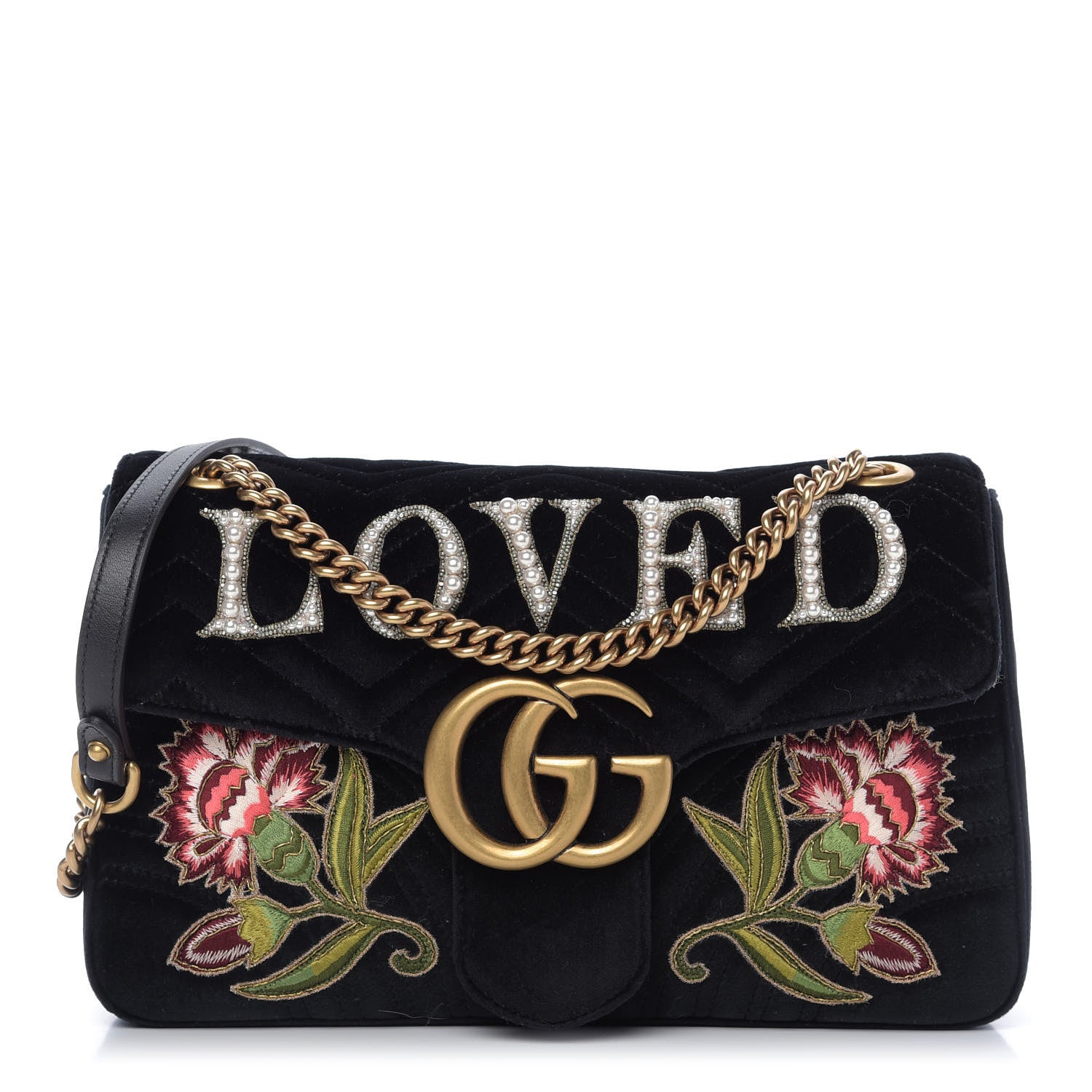 Gucci Velvet Matelasse Loved Embroidered Medium GG Marmont Shoulder Bag Black 1 of 9