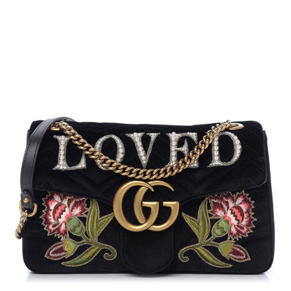 Gucci Velvet Matelasse Loved Embroidered Medium GG Marmont Shoulder Bag Black 1 of 9
