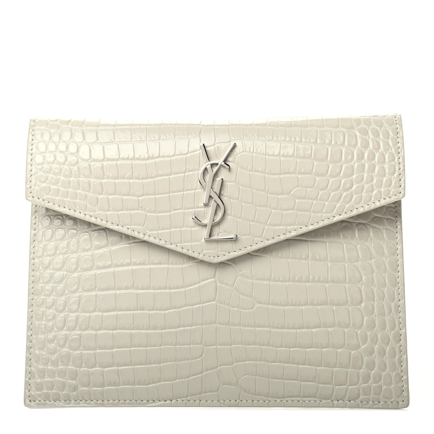 Saint Laurent Calfskin Crocodile Embossed Monogram Uptown Baby Pouch Perle 1 of 8