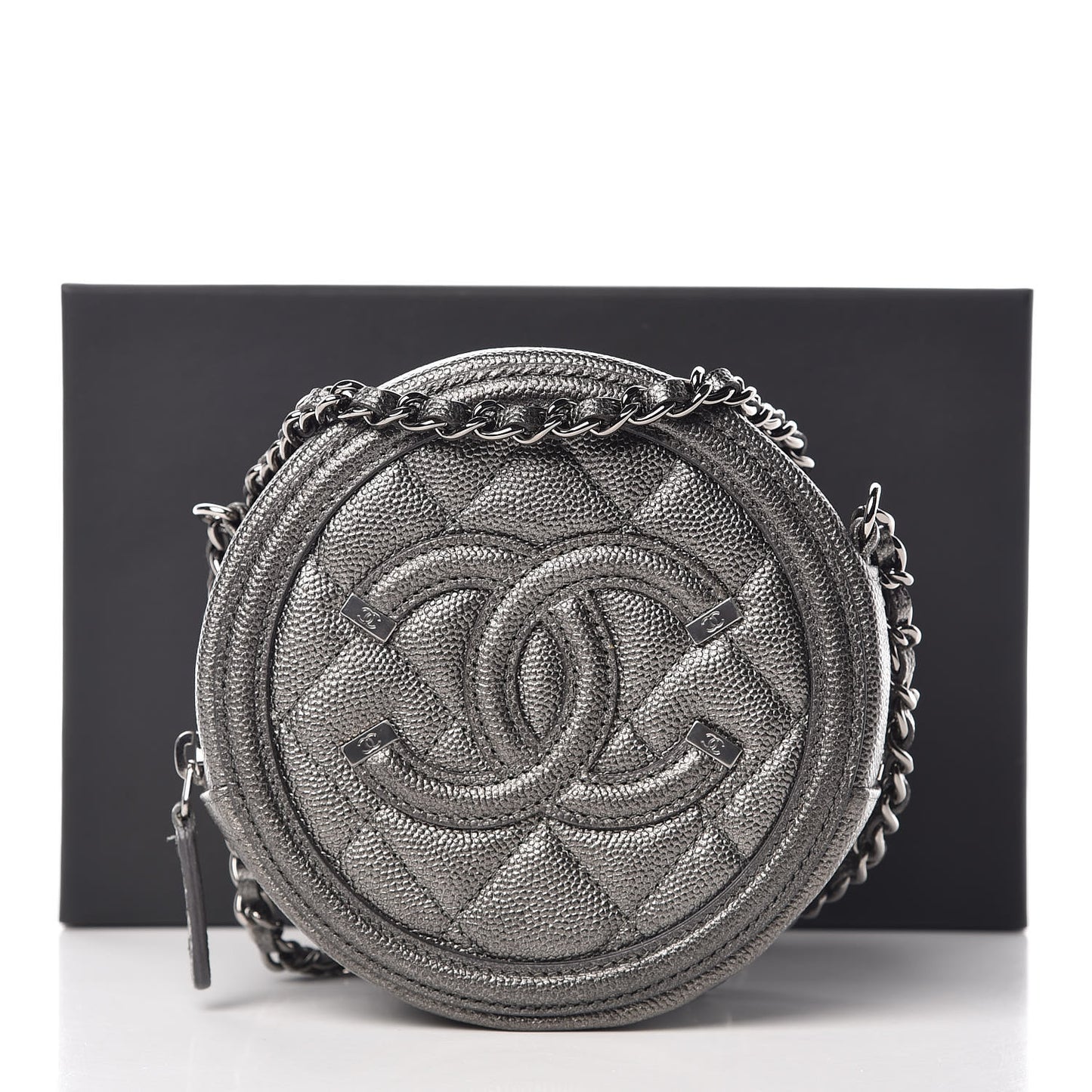 Metallic Caviar Quilted Round Filigree Crossbody Dark Silver