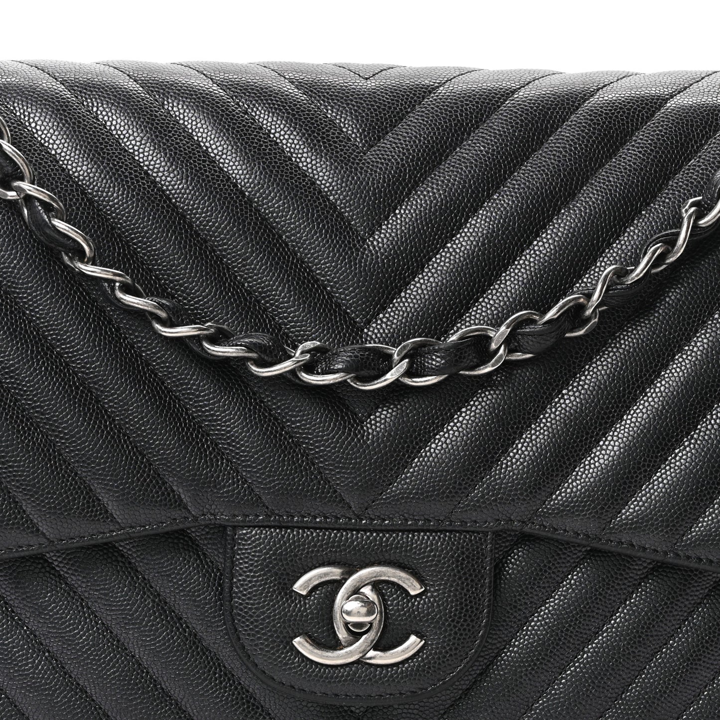 Iridescent Caviar Chevron Quilted Jumbo Double Flap Black