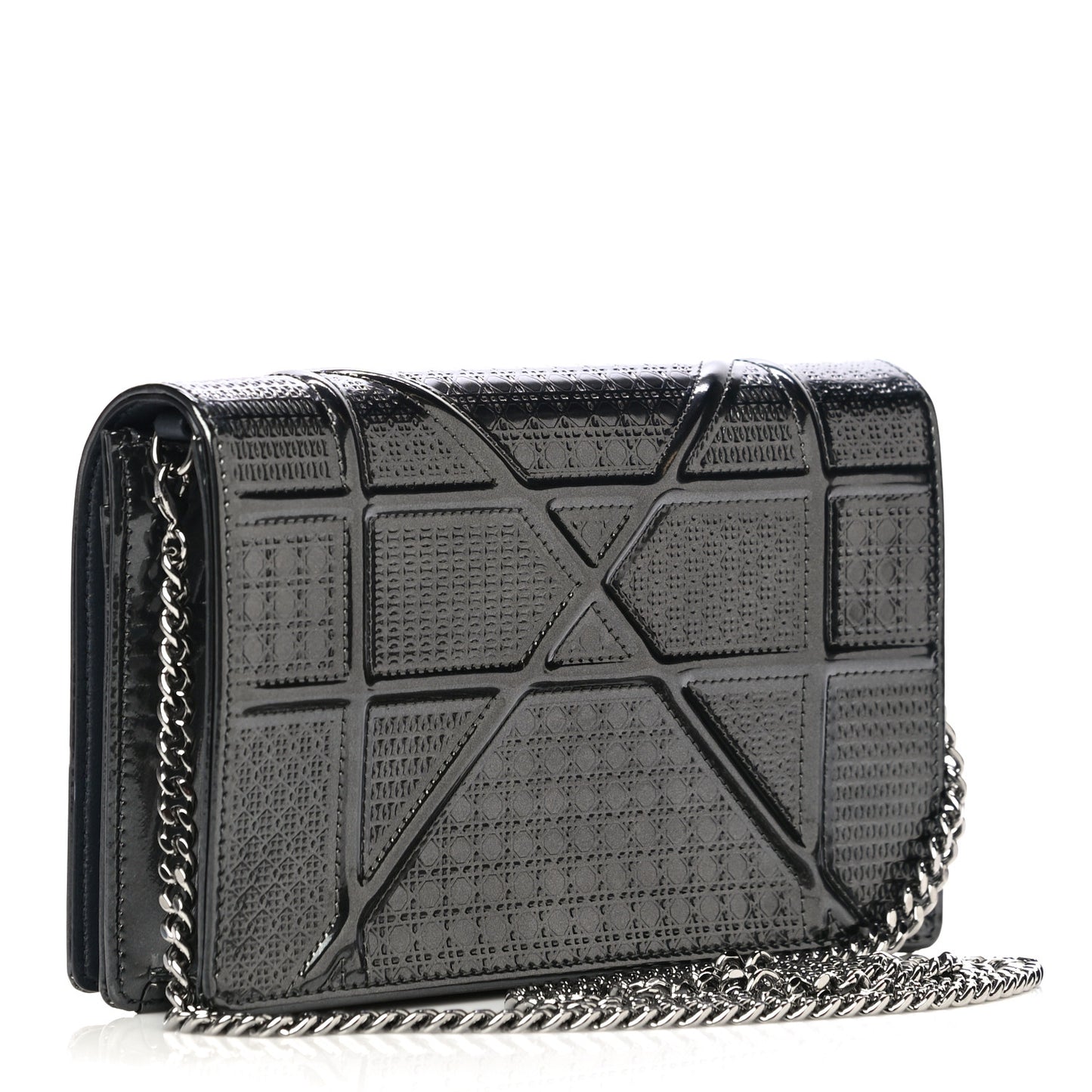 Metallic Patent Micro-Cannage Diorama Wallet on Chain Pouch Onyx Black