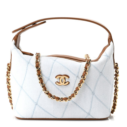 Chanel Denim Calfskin Quilted Coco Beach Top Handle Long Vanity Blue Brown 2 of 19