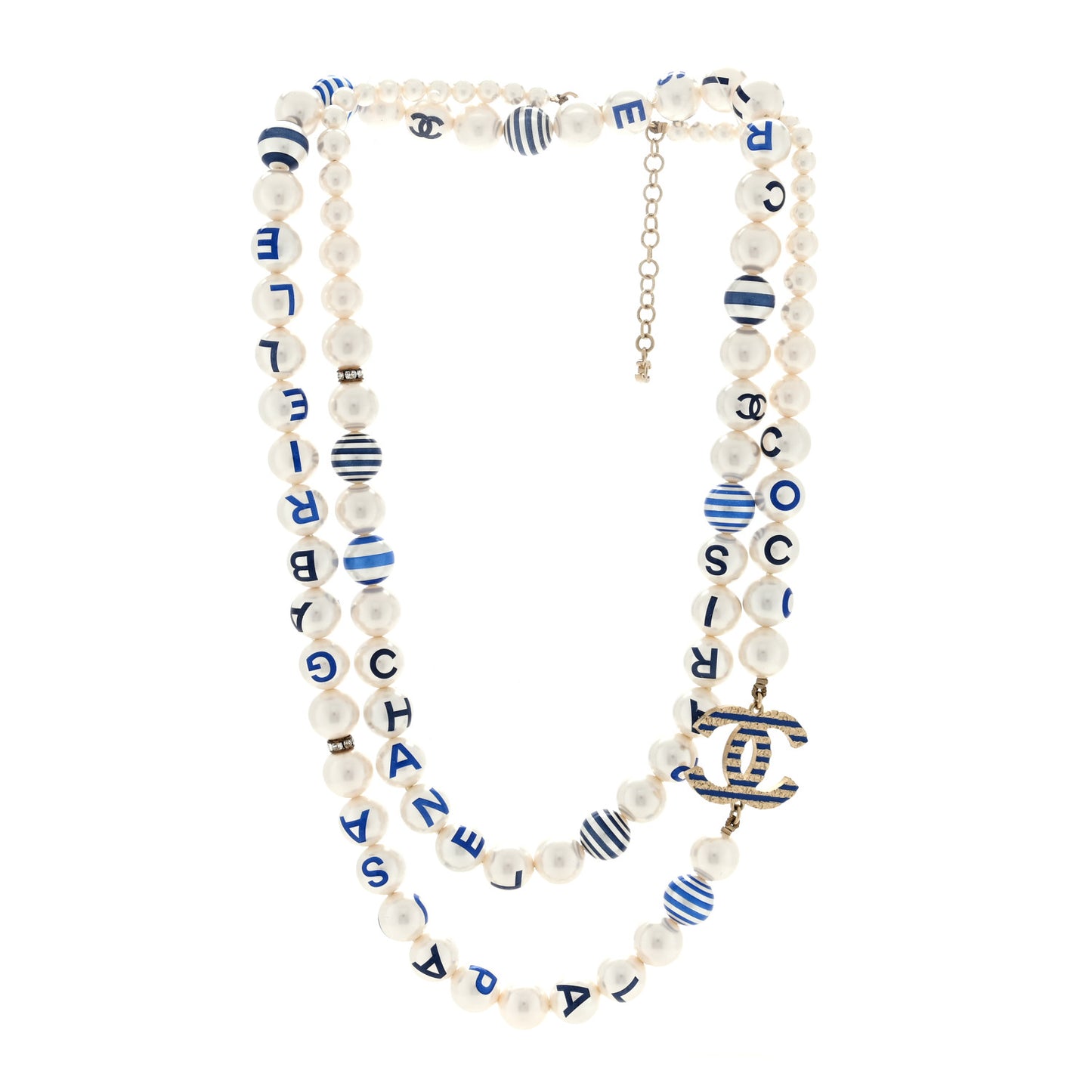 Graduated Resin Pearl Striped CC Logo Long Necklace White Blue