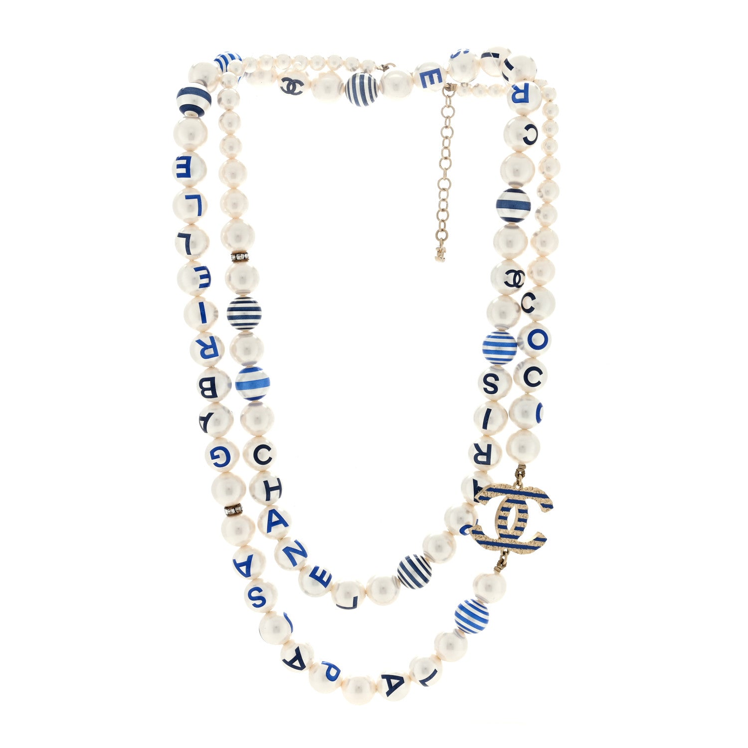 Chanel Graduated Resin Pearl Striped CC Logo Long Necklace White Blue 3 of 4